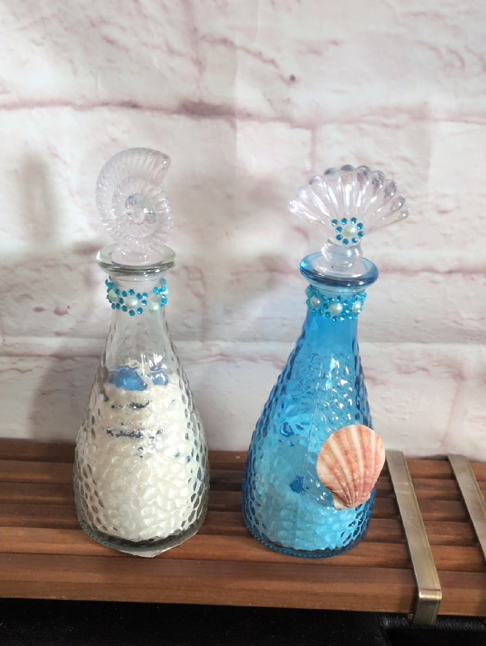 Set of Two Decorative Glass Bottles - Clear & Coastal Blue